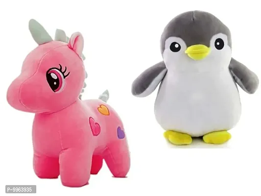 1 Pcs Pink Unicorn And 1 Pcs Grey Penguin High Quality Soft Martial Toys ( Pink Unicorn - 25 cm And Grey Penguin - 25 cm )