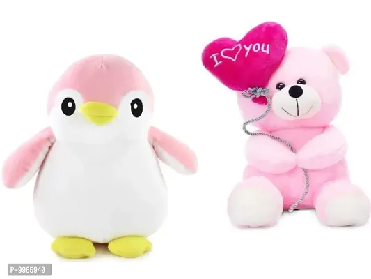 1 Pcs Pink Penguin And 1 Pcs Pink Love Teddy High Quality Soft Martial Toys ( Penguin - 30 cm And Teddy - 25 cm )