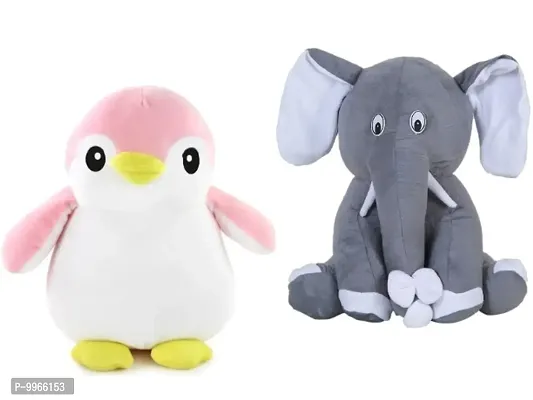 1 Pcs Pink Penguin And 1 Pcs Grey Appu Elephant High Quality Soft Martial Toys ( Penguin - 30 cm And Elephant - 25 cm )