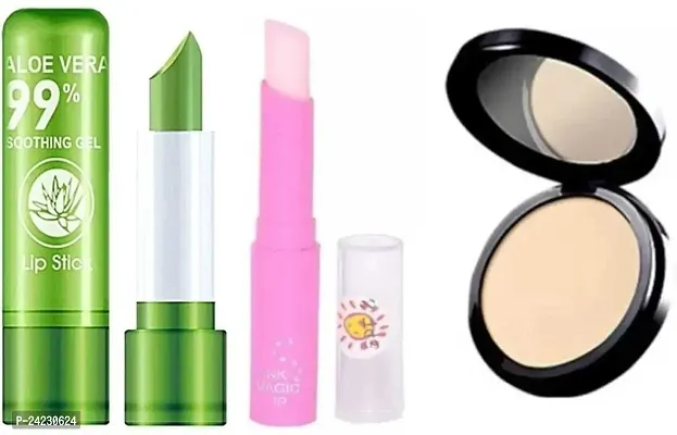 Tilkor Aloe Vera, Pink Magic Lip Bam And Compact Powder -3 Pieces Set