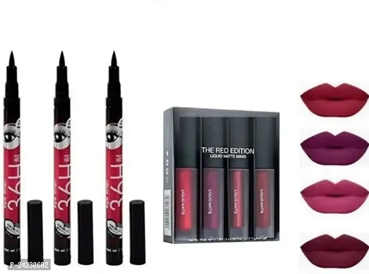 Tilkor Lipstick Smudge Proof Matte Mee 4Pcs Red Plus 3Pcs H 36 Eyeliner -7 Pieces Set