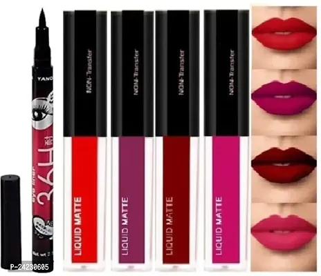 Tilkor Lipstick Smudge Proof Matte Mee 4Pcs Red And H 36 Eye Liner 1Pcs-5 Pieces Set