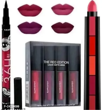 Tilkor Lipstick Smudge Proof Matte Mee 4Pcs 5In1 Red Plus 3Pcs H 36 Eyeliner -6 Pieces Set