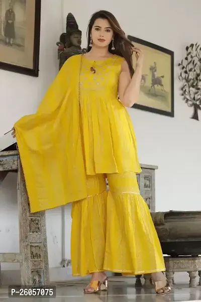 Attractive Yellow Printed Rayon A-Line Kurta Pant With Dupatta-thumb0