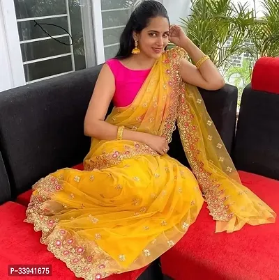 Stylish Yellow Supernet Embroidered Bhagalpuri Saree With Blouse Piece-thumb0