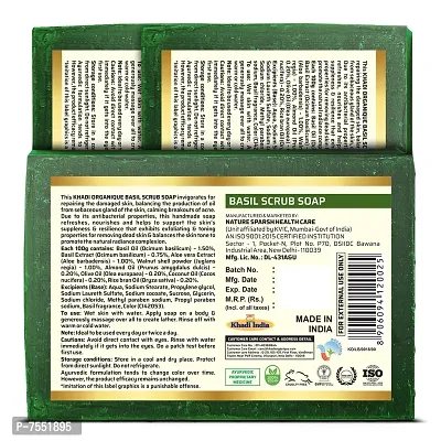 Khadi Organique Natural Herbal Basil Scrub Soap Pack of 3 (100% Handmade  Organic Soap)-thumb2