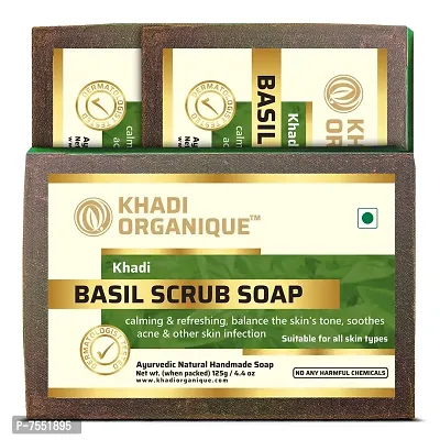 Khadi Organique Natural Herbal Basil Scrub Soap Pack of 3 (100% Handmade  Organic Soap)