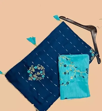 Embroidered Poly Silk Sarees with Contrast Blouse Piece
