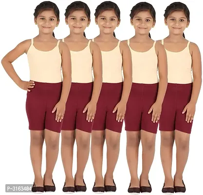 Girl's Maroon Cotton Spandex Solid Shorts (Pack Of 5)