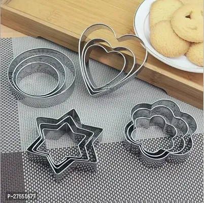 12 Pieces Cookie Cutter Set 4 Different Shapes 3 Sizes Stainless Steel Cookie Cutter Stainless Steel Heart Flower Round Star Biscuit Mould Fondant Cutting Cutters Baking Tools for Kitchen