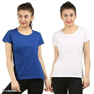 First Wave Women Cotton Solid Tshirt Blue::White Pack of 2