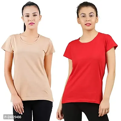 First Wave Womens Cotton Solid Tshirt Beige::Red Large Pack of 2-thumb0