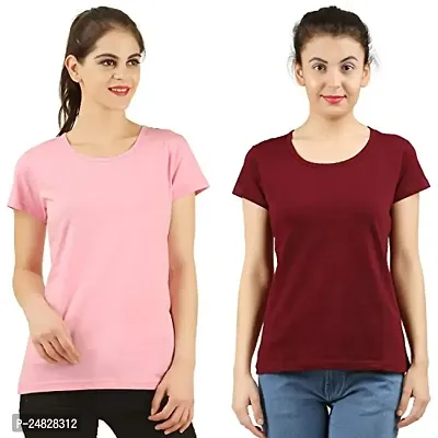 First Wave Women Cotton Solid Tshirt Pink::Maroon Pack of 2