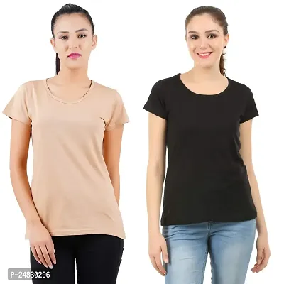 First Wave Womens Cotton Solid Tshirt Beige::Black Small Pack of 2-thumb0