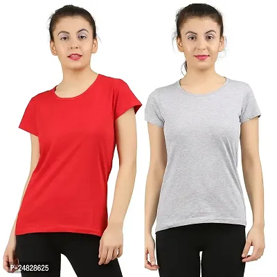 First Wave Women Cotton Solid Tshirt Red::Grey Pack of 2