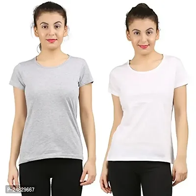 First Wave Women Cotton Solid Tshirt Grey::White Pack of 2-thumb0