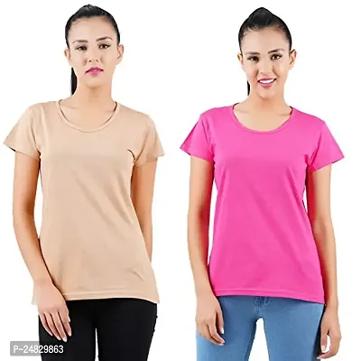 First Wave Womens Cotton Solid Tshirt Beige::Dark Pink Medium Pack of 2