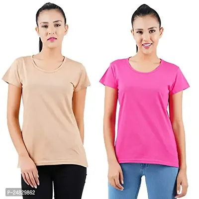 First Wave Womens Cotton Solid Tshirt Beige::Dark Pink Large Pack of 2