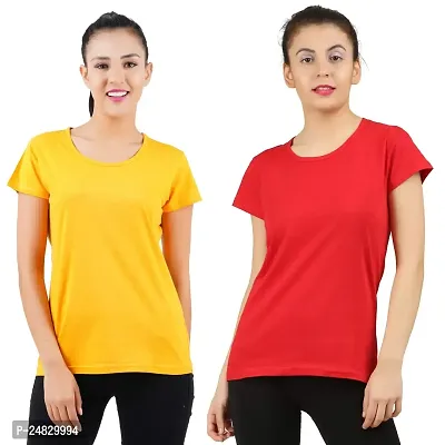 First Wave Womens Cotton Solid Tshirt Mustard::Red Women Pack of 2