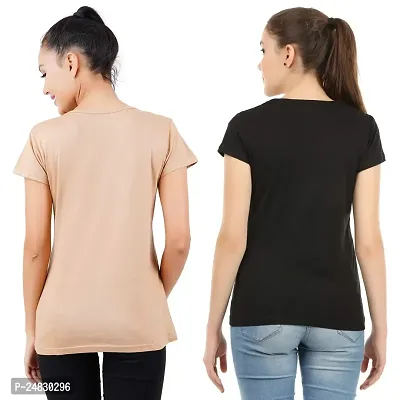 First Wave Womens Cotton Solid Tshirt Beige::Black Small Pack of 2-thumb2