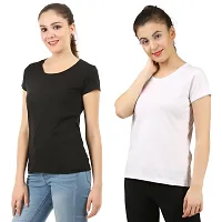 First Wave Women Cotton Solid Tshirt Black::White Pack of 2-thumb2