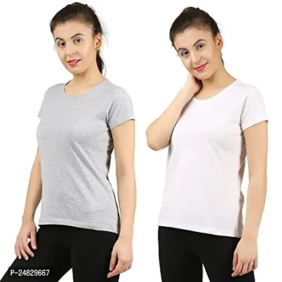 First Wave Women Cotton Solid Tshirt Grey::White Pack of 2-thumb3