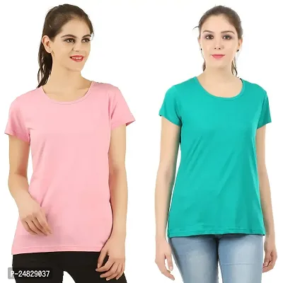 First Wave Women Cotton Solid Tshirt Pink::Green Pack of 2