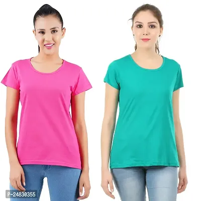 First Wave Womens Cotton Solid Tshirt Dark Pink::Green Small Pack of 2