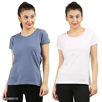 First Wave Women Cotton Solid Tshirt Grey::White Pack of 2