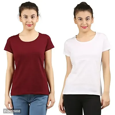 First Wave Women Cotton Solid Tshirt Maroon::White Pack of 2-thumb0