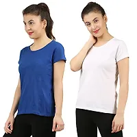 First Wave Women Cotton Solid Tshirt Blue::White Pack of 2-thumb2