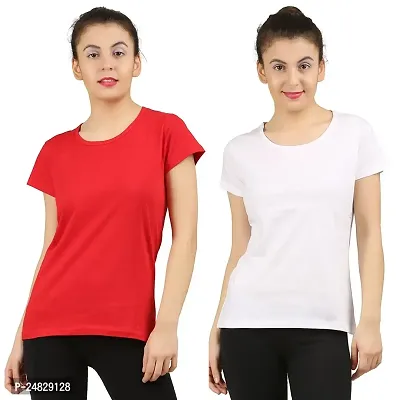 First Wave Women Cotton Solid Tshirt Red::White Pack of 2