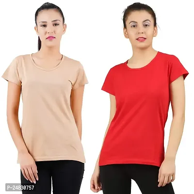 First Wave Womens Cotton Solid Tshirt Beige::Red X-Large Pack of 2