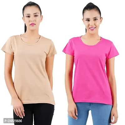 First Wave Womens Cotton Solid Tshirt Beige::Dark Pink X-Large Pack of 2