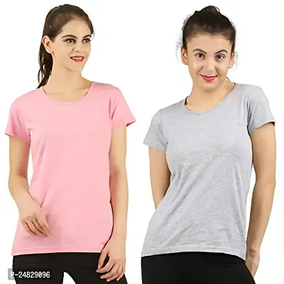 First Wave Women Cotton Solid Tshirt Pink::Grey Pack of 2