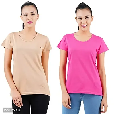 First Wave Womens Cotton Solid Tshirt Beige::Dark Pink Small Pack of 2-thumb0