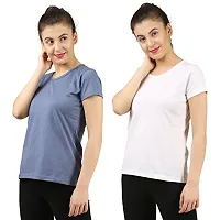 First Wave Women Cotton Solid Tshirt Grey::White Pack of 2-thumb2