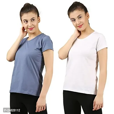 First Wave Women Cotton Solid Tshirt Grey::White Pack of 2-thumb3