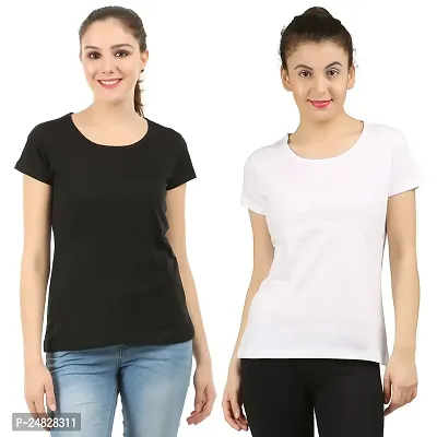 First Wave Women Cotton Solid Tshirt Black::White Pack of 2