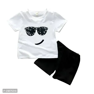 Stylish White Cotton Blend Printed T-Shirts with Shorts For Boys-thumb0