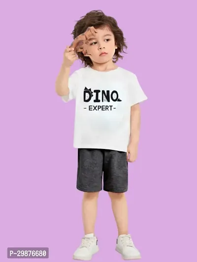 Stylish Cotton Printed White T-Shirts with Shorts For Boys-thumb0