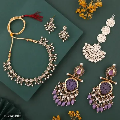 Combo Of 1 Choker Set With 2 Pair Of Earrings And Maang Tikka Set For Women.-thumb0