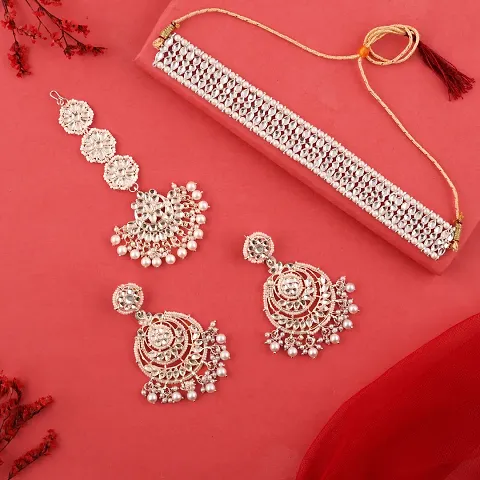 Combo Of 1 Choker Set With Earrings And Maang Tikka Set For Women.