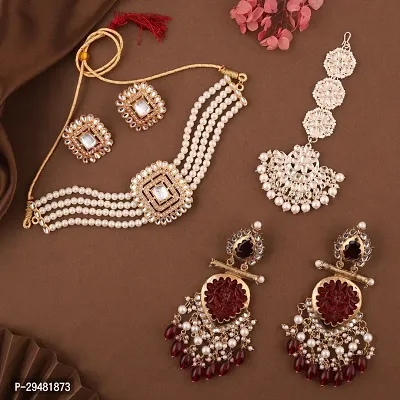 Combo Of 1 Choker Set With 2 Pair Of Earrings And Maang Tikka Set For Women.-thumb0