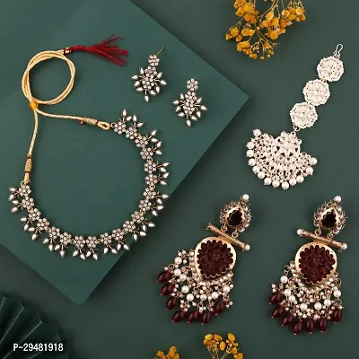 Combo Of 1 Choker Set With 2 Pair Of Earrings And Maang Tikka Set For Women.