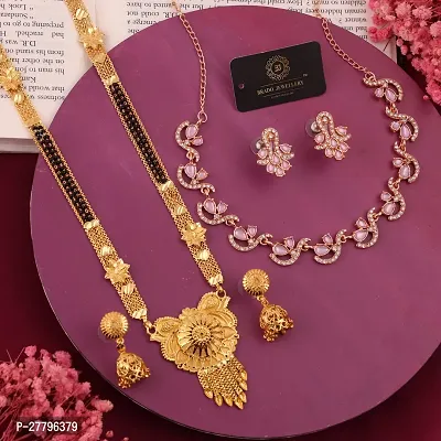 Stylish Golden Brass Neckless Set And Mangalsutra With Earring Pack Of 2-thumb0