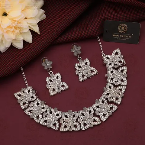 Fancy Brass Silver American Diamond Jewellery Set For Women