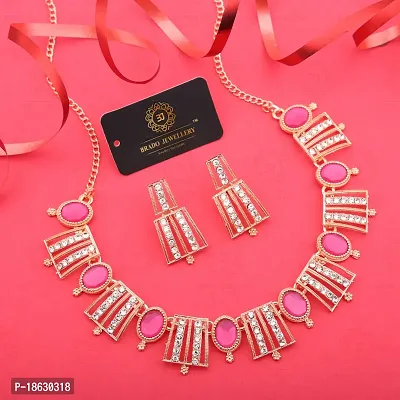 Pack of 1 Rose Gold Plated  American Diamond and Heavy Polished Diamond Choker Necklace set with 1 Pair of Earrings Jewellery Set-thumb2