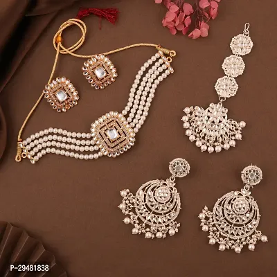 Combo Of 1 Choker Set With 2 Pair Of Earrings And Maang Tikka Set For Women.