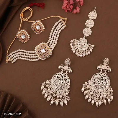 Combo Of 1 Choker Set With 2 Pair Of Earrings And Maang Tikka Set For Women.